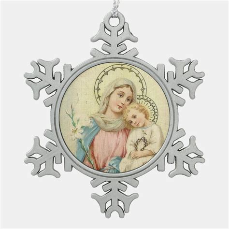 Blessed Virgin Mary Mother Baby Jesus Snowflake Pewter Christmas