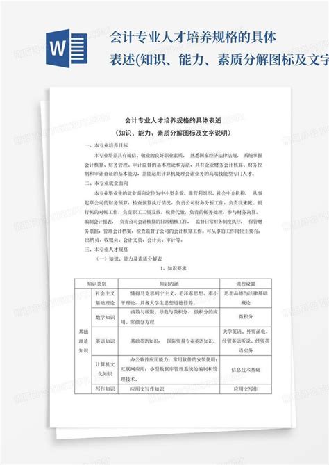 会计专业人才培养规格的具体表述知识、能力、素质分解图标及文字说明word模板下载编号lnyyndre熊猫办公