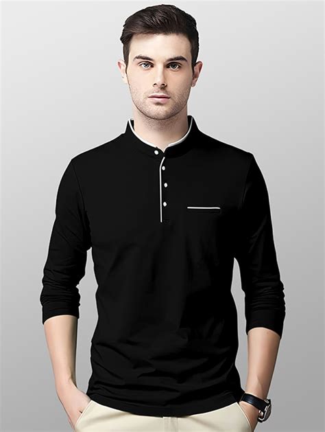 Buy Online Mandarin Neck Contrast Piping Solid T Shirt From Top Wear For Men By Ausk For ₹259 At