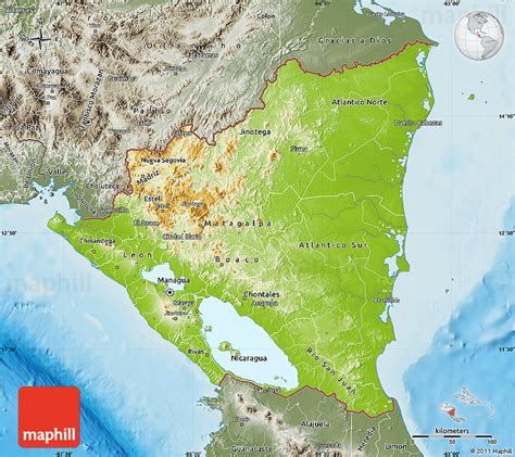 Physical Map Of Nicaragua Semi Desaturated Land Only