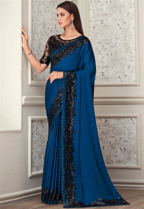 Buy Embroidered Border Satin Georgette Saree In Royal Blue Online