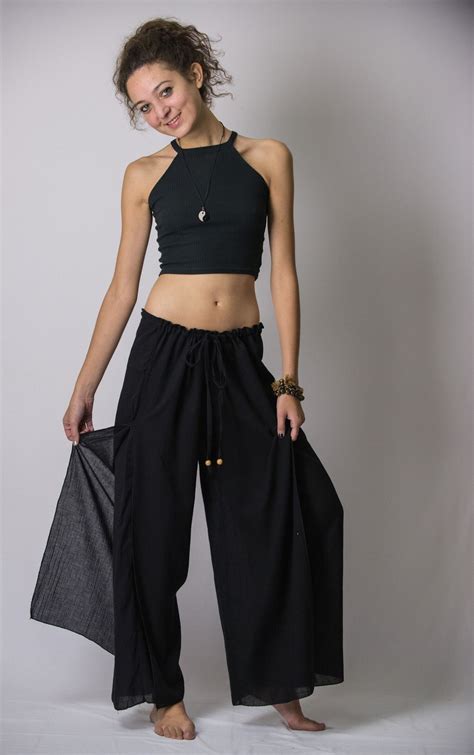 Womens Thai Harem Double Layers Palazzo Pants In Solid Black Harem Pants