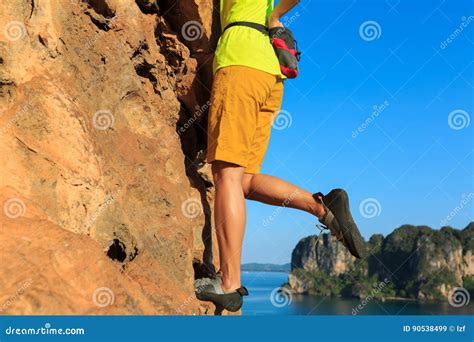 Woman Rock Climber Climbing At Seaside Cliff Stock Image Image Of