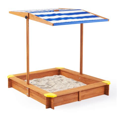 Kids Sandbox With Cover Cedar Wood Sandpit W Adjustable Canopy For