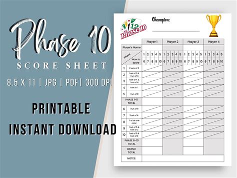 Phase 10 Card Game Printable Score Card, Phase 10 PDF Score Sheet ...