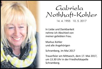 Traueranzeigen von Gabriela Nothhaft Kohler Schwarzwälder Bote Trauer