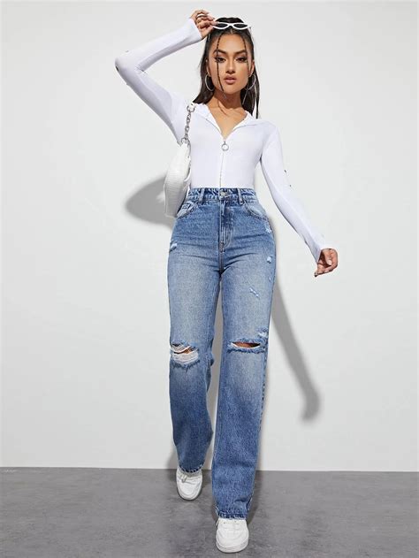 Jeans Mit Geradem Beinschnitt Hoher Taille Riss Aktuelle Trends