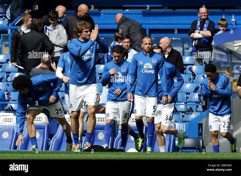 Everton Players Walk Out On To The Pitch Before Warm Up Stock Photo Alamy