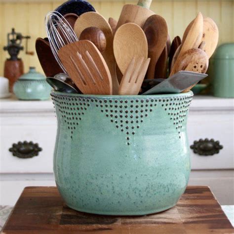 Jumbo Utensil Holder Aqua Mist Crock Flower Pot Etsy Pottery