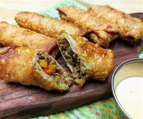 Philly Cheesesteak Egg Rolls With Mustard Cheese Dipping Sauce