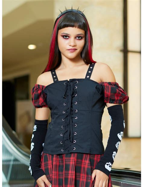 Black And Red Plaid Girls Woven Lace Up Top Hot Topic