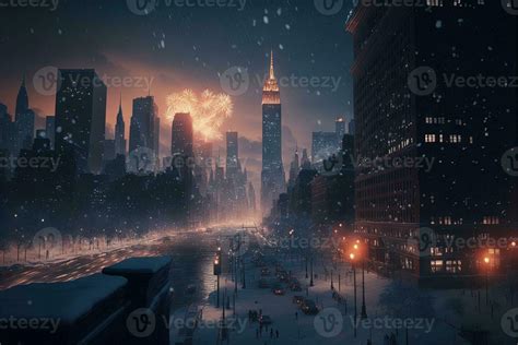 celebrating new year eve in new york under the snow storm illustration ...