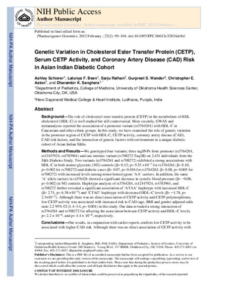 (PDF) Genetic variation in cholesterol ester transfer protein, serum ...