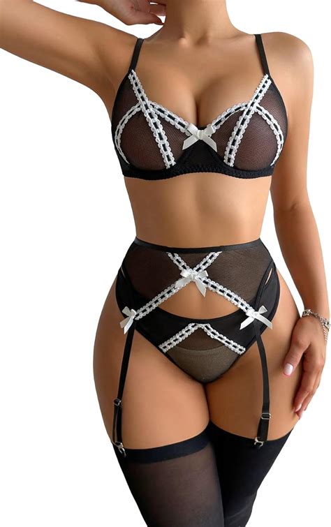 Amazon Wdirara Women S Lace Trim Fishnet Bow Front Garter Lingerie