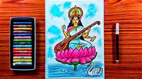 How To Draw Saraswati Maa With Oil Pastel Saraswati Thakur Drawing