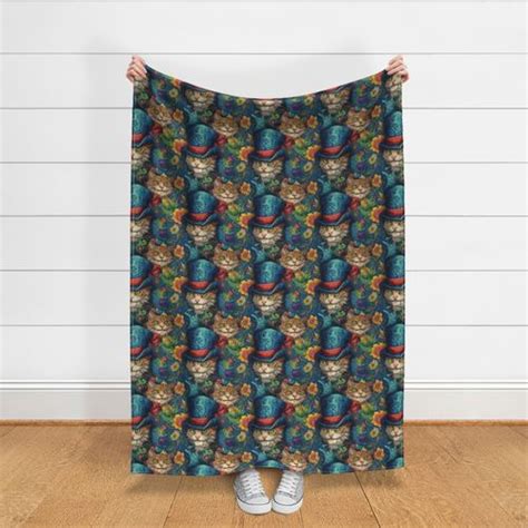 Blue Floral Top Hat Anthro Cat Mad Fabric Spoonflower