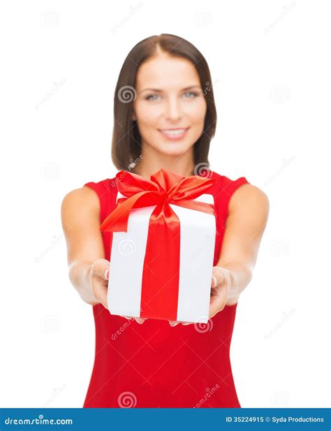 Smiling Woman In Red Dress Holding T Box Stock Image Image Of