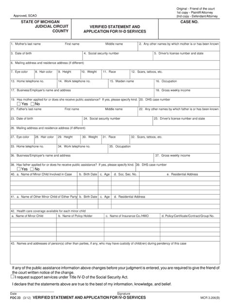 Verified Statement And Application For Iv D Services Michigan Form