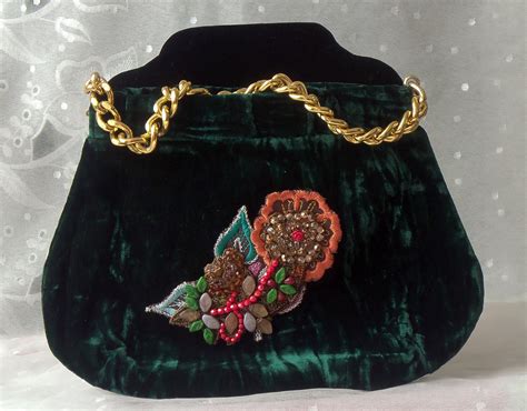 Green Velvet Vintage Beaded Embroidered Clutch Beaded Flower