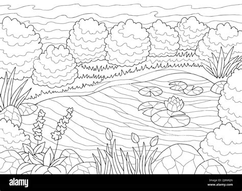 Teich Färbung Grafik schwarz weiß Landschaft Skizze Illustration Vektor