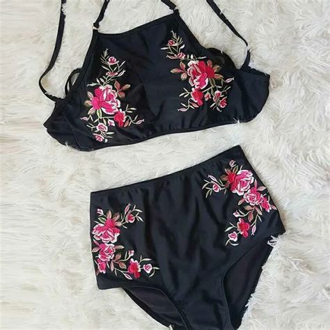 Brazilian Black Embroidery Bikini Women Handmad Floral Biquini Halter