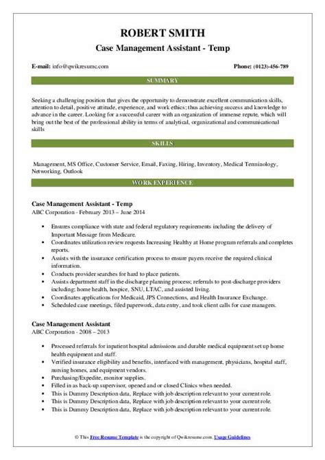 Case Management Assistant Resume Samples Qwikresume