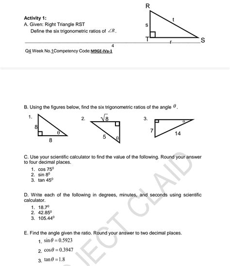 Solved Activity 1 A Given Right Triangle Rst Define The Six