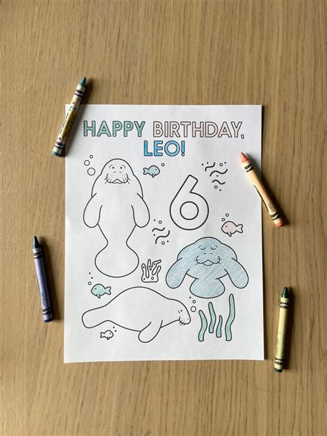 Birthday Coloring Sheet Printable Personalized Manatees Etsy