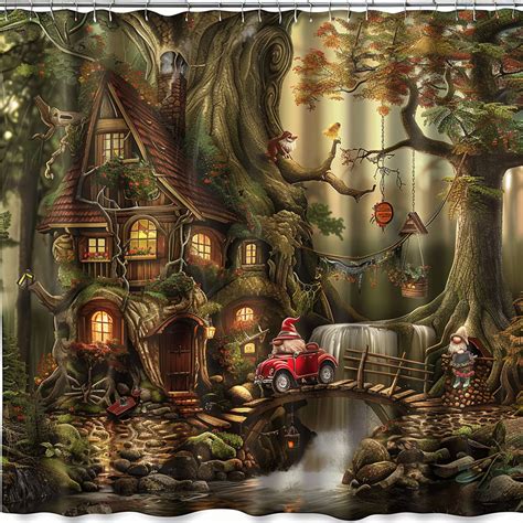 Enchanted Forest Gnome Treehouse Waterfall Shower Curtain Hyper