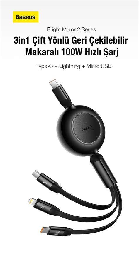 Baseus 100W Makarali 3in1 Type C Lightning Micro USB Kablo Hizli