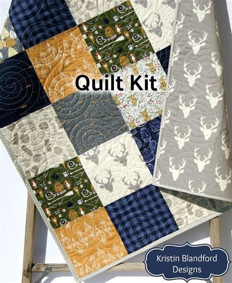 Quilt Kit Buffalo Plaid Navy Blue Woodland Boy Rustic Gold Gray Buck