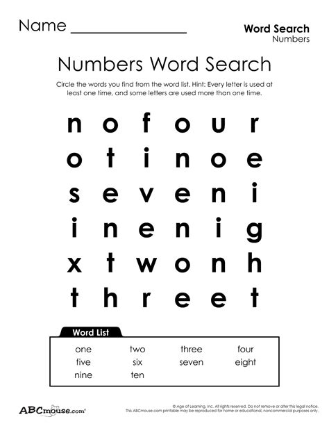 Number Word Search Find All Of The Numbers From Zero To Twenty And