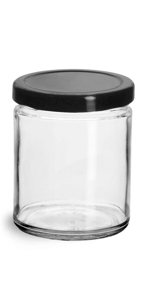 Sks Bottle And Packaging 9 Oz Clear Glass Straight Sided Jars W Black Metal Plastisol Lined Lug