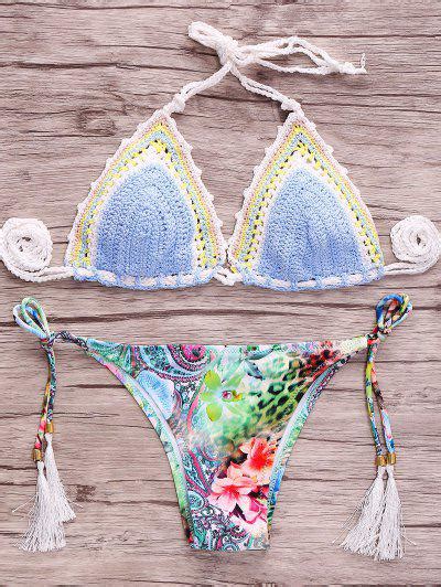 2018 Crocheted Printed Bikini Set In AZURE M ZAFUL