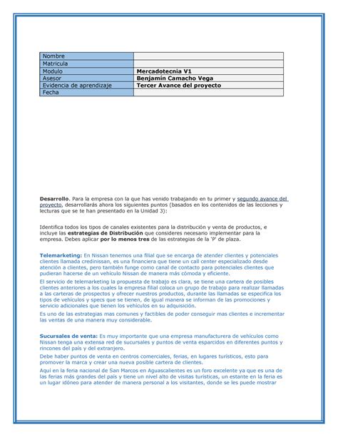 Uveg Mercadotecnia Tercer Avance Del Proyecto Nombre Matricula Modulo