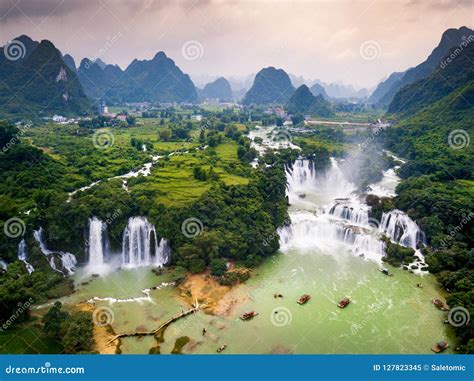 Ban Gioc Detian Waterfall on China and Vietnam Border Aerial Vie Stock Image - Image of gioc ...