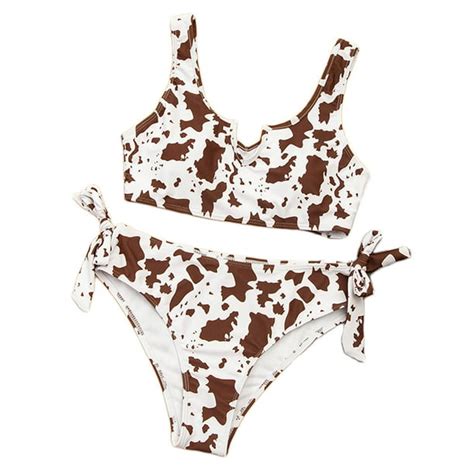 Womens Sporty 2 Piece Swimsuits Womens Sexy Cow Print Bikini Set Tie