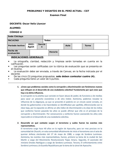 Examen Final Problemas Y Desafios En El Peru Actual PROBLEMAS Y