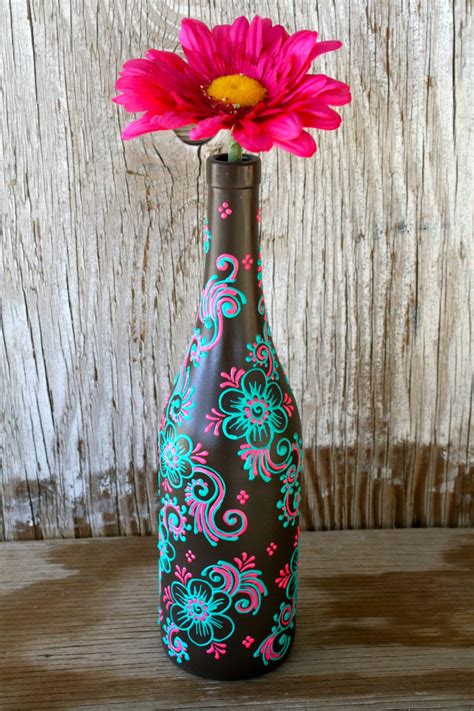 Summer Sale Hand Painted Wine Bottle Vase Up Cycled Chocolate Brown