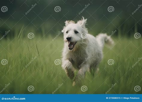 A White Dog Running Through A Field Of Tall Grass With Its Mouth Open