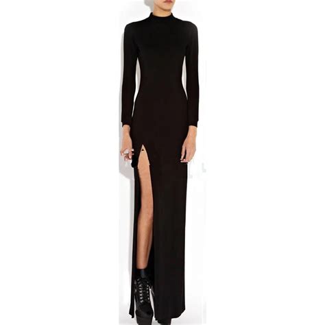 2015 Plus Size Women Clothing Turtleneck Long Sleeve Backless Sexy Black Maxi Dress High Slit