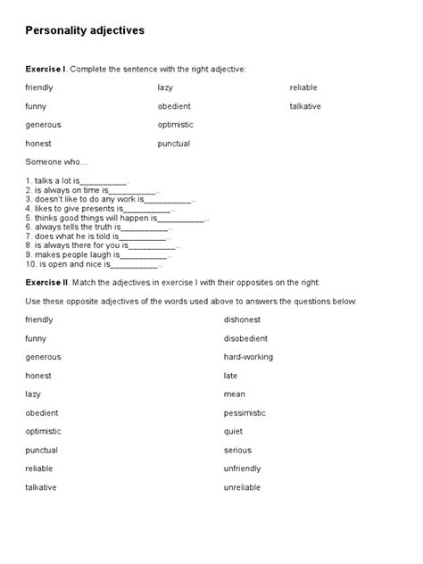 Personality Adjectives Exercise Pdf