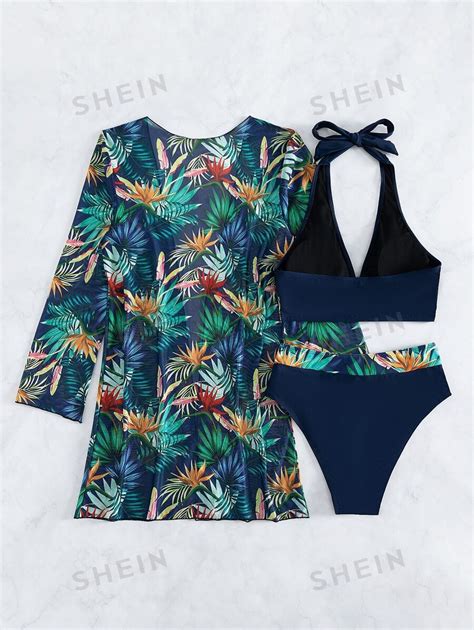 Shein Swim Conjunto De Bikini Halter Con Estampado Tropical Y Conjunto