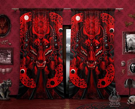 Red Kitsune Curtains 50x84 Printed Window Panels Japanese Decor Anime Art Print Okami