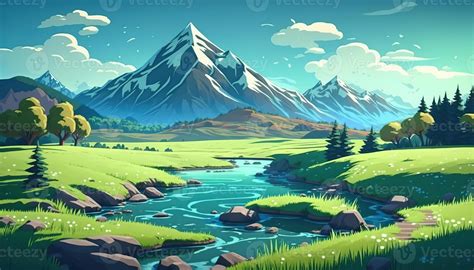 A Beautiful Anime Style Summer Landscape Green Valley River High