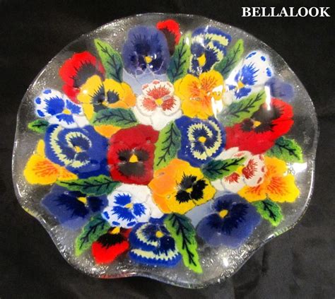 Peggy Karr Fused Art Glass Colorful Pansy Pansies Flower Fluted Bowl