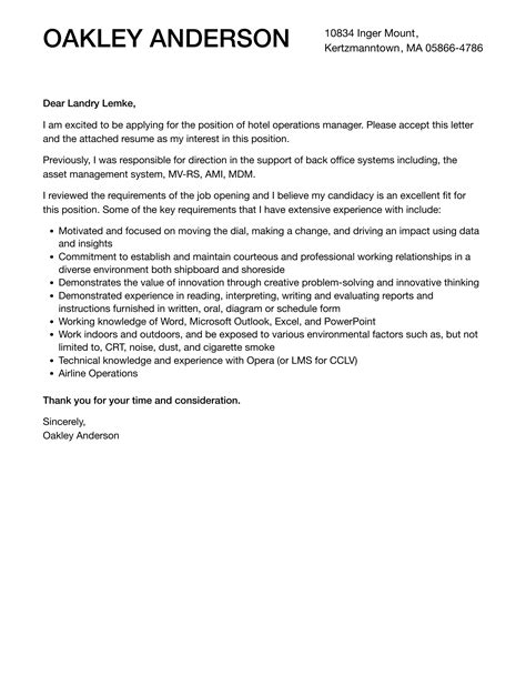 Hotel Operations Manager Cover Letter Velvet Jobs