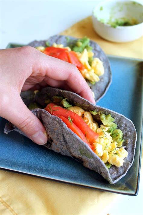 Blue Corn Breakfast Tacos With Scrambled Eggs Smoked Salmon Avocado Dill Ambitious Kitchen