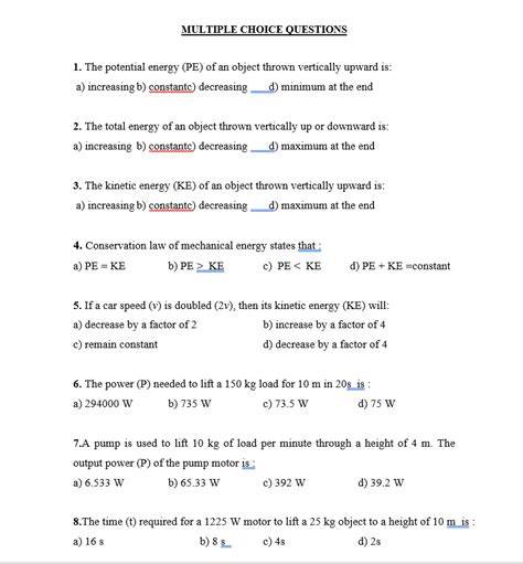 Solved Multiple Choice Questions 1 The Potential Energy