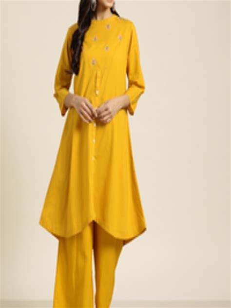 Buy Sangria Women Mustard Yellow Ethnic Motifs Embroidered Kurta With Palazzos Kurta Sets For